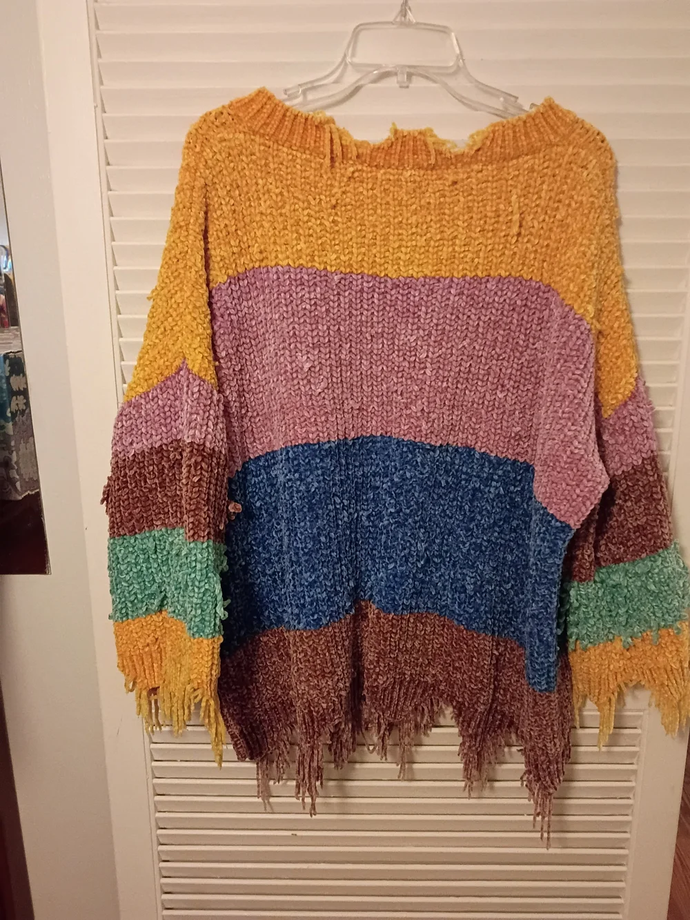 ODDY Multicolor Fringed V-Neck Sweater in Yellow, Pink, Blue, Green, Brown